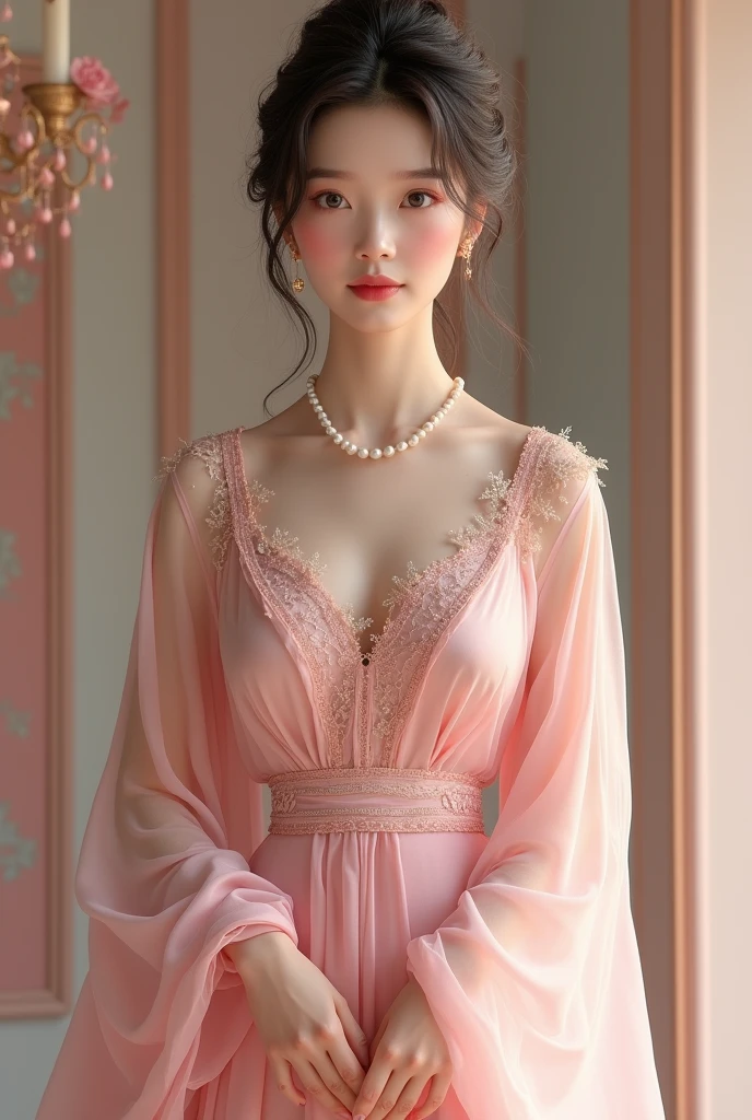 Elegant mature young woman wearing pink tatoe。Full body front view、Asian、The skin is relatively white、Luxurious clothing、Silky transparent lace on the clothes、Gold wire trim、Jewelry decoration、A pearl necklace hangs around her neck。