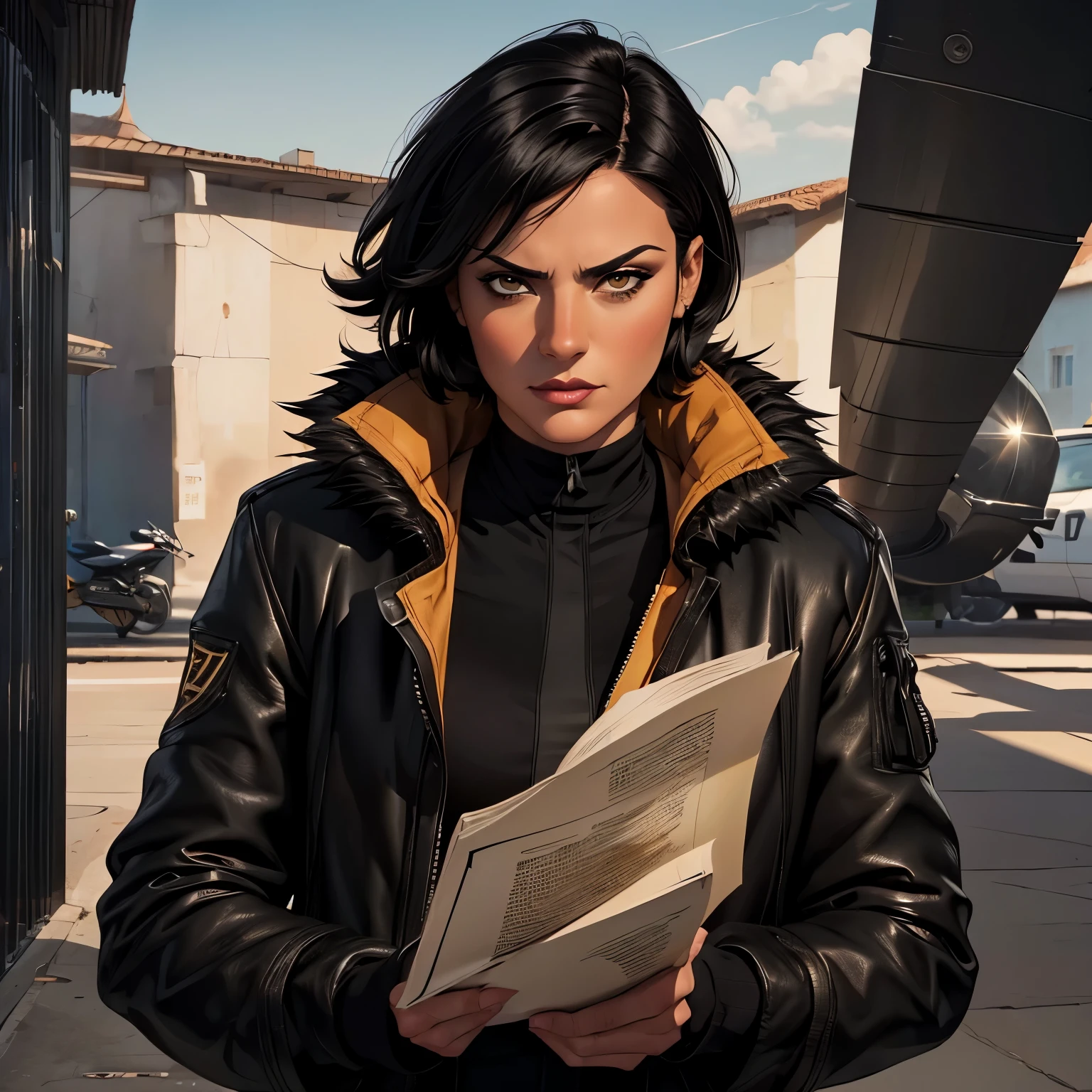 (a Spanish women:1.3), (short black hair, hazel eyes:1.3), tomboy, beautiful, intimidating looks, sharp chin