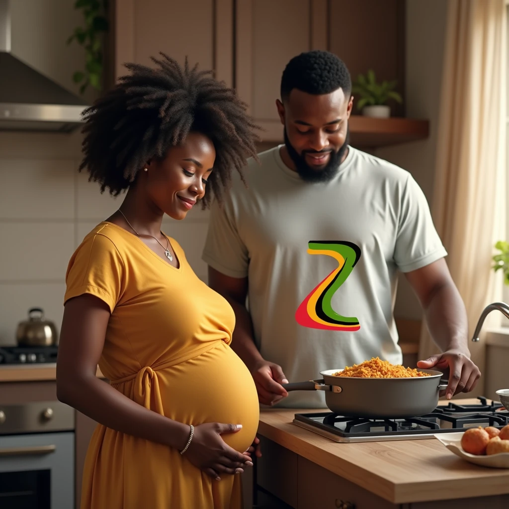 

Create a realistic picture and put ZimVitals logo, with the Z having Zimbabwean flag colours green, yellow, red and black colour and   of a black couple, the wife is pregnant and the husband is cooking in the kitchen. Make the couple's age around 30 years both. 