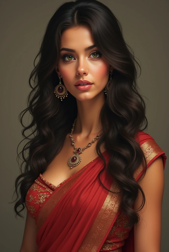 1 girl in, 20 year, standing alone, long hair, Indian, looking ahead at viewer, hair Brunette, greeneyes, jewerly, whole body, a necklace, Saree, realisitic, A sexy, big boobies
