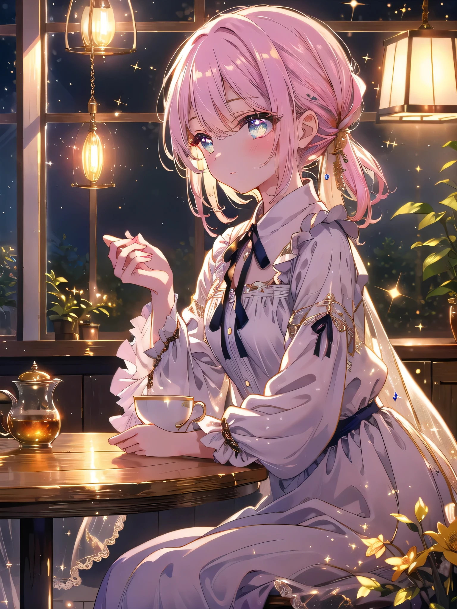 ((8k, Highest quality, masterpiece: 1.3)),Ultra-high resolution,(1 girl, alone), (Color changing eyes, Ultra-detailed, Expressive brilliance, Glitter, Glowing Eyes), Highly detailed eyes, Highly detailed face, Random Hair, ((pastel colour))Late-Night Tea
The woman is sitting at the kitchen table, holding a warm mug of herbal tea in both hands. She’s dressed in a simple, comfortable nightgown, her hair loosely tied back. She takes a slow sip, her eyes meeting the camera with a relaxed and contented expression, as if savoring the quiet of the night. The kitchen is dimly lit, with only a small lamp on the counter providing a soft, golden light. The scene captures a moment of tranquility, as she enjoys her tea before heading to bed.