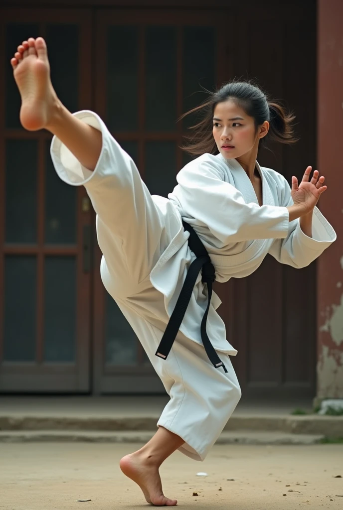karate girl, tall, south east asian, bare legs, in karate uniform, indonesian, bare feet, kicking in the face towards the camera