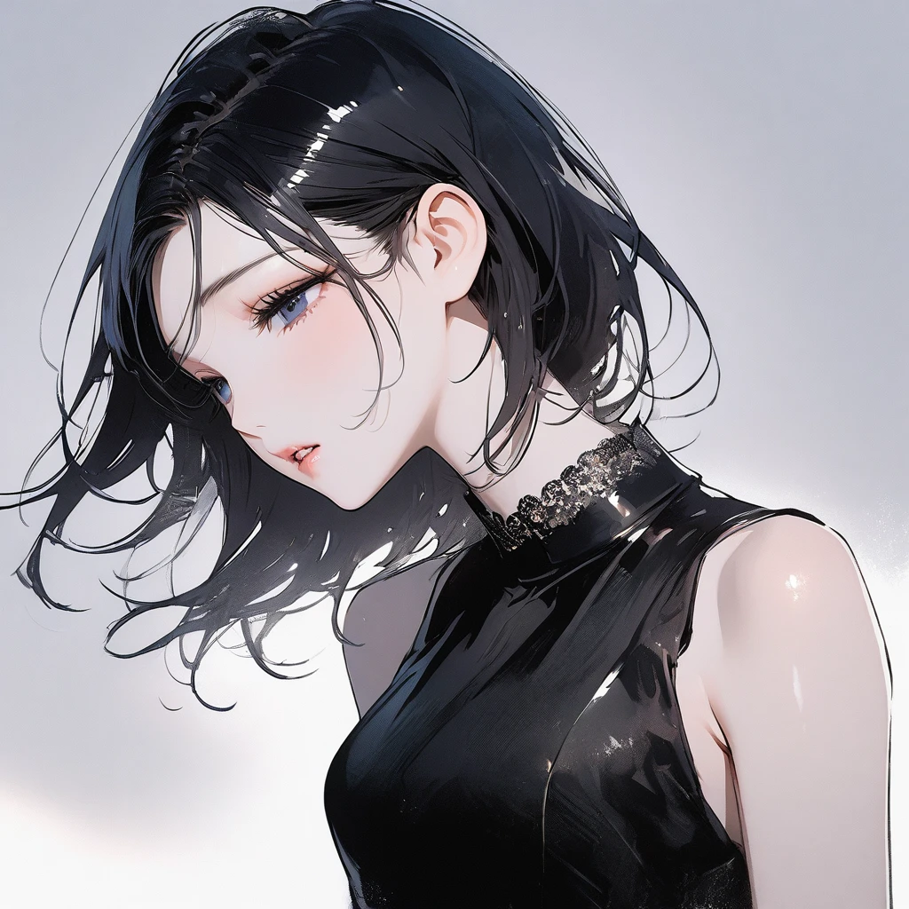 Girl, dreamy eyes, ethereal, elegant, model, calm, attractive, squinted eyes, asian beauty, black eyes, black hair, sleeveless dress, sleepy, half-closed eyes, full lips, lipgloss, no background, light, parted lips, eye contact