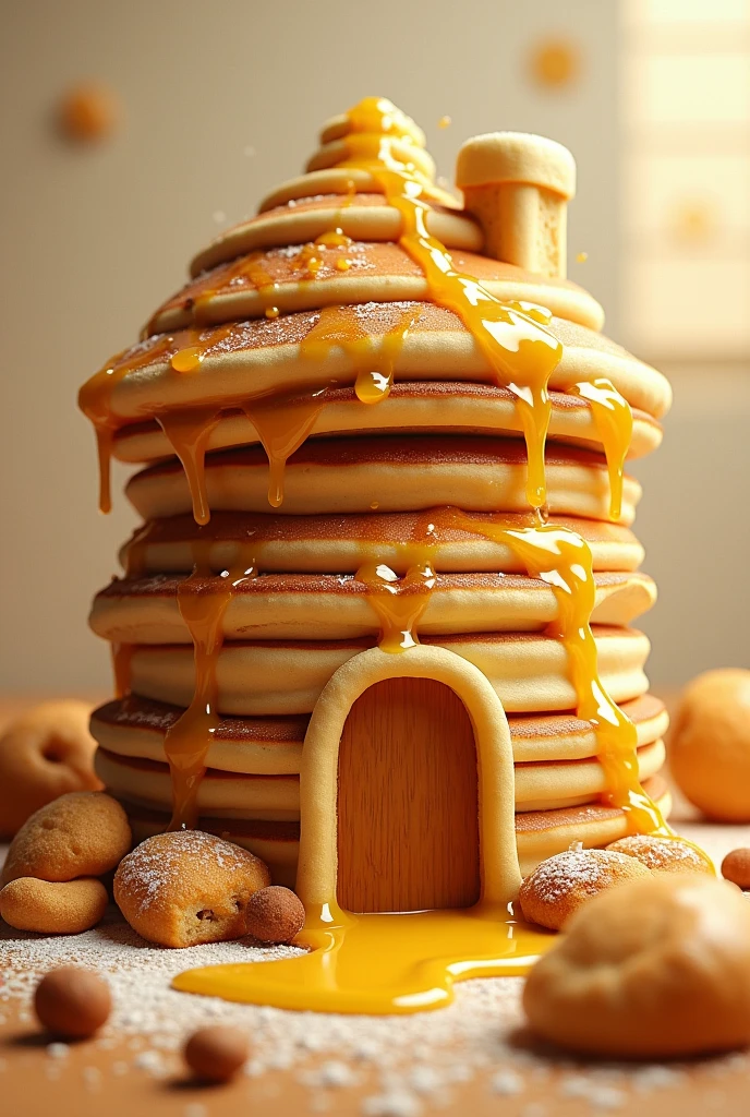 Imagine a cozy, whimsical house made entirely of fluffy, golden-brown pancakes. The walls are stacked high with soft layers, slightly bending under their own weight, with warm butter dripping slowly down the sides. The roof is made of perfectly shaped, round pancakes, overlapping like shingles, with maple syrup dripping down like a sweet waterfall. Windows are outlined with crispy edges, and the door is a towering, pillowy pancake, inviting you inside. The whole scene feels warm, inviting, and smells like fresh, sweet breakfast."