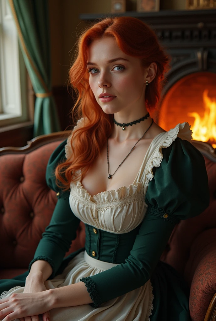 Draw me a woman with red hair 1850 who is a housekeeper, very pretty, looks thin but fit and wears tights with a very beautiful servant's dress, she should have violet eyes and be a real feast for the eyes, full body picture and realistic, she should sit on a sofa in the fireplace room very sexy with her shoes complete body