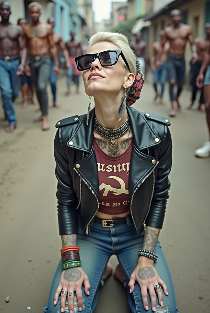 russian old milf woman, , blonde platinum hair (beehive bun) and wide colourful bandana as headband). Wearing oversized square maxi sunglasses. Square jaw, with very light green eyes, extremely pale. No tan. Wearing aged cropped black moto jacket (zippers on the side). Cropped short dark red push up t-shirt with winged hammer and sickle logo and gothic lettering,, dark skinny low rise blue jeans with holes on knees (white cotton visible). White tennis sneakers and bead bracelets around ankles. Lots of thick wide studded bracelets, chain collars and big rings. Tacky wide studded leather belt with solid huge oval buckle. Long earrings with chains and feathers. Kneeling, chin up looking at the sky, stretching her neck.. Hands on knees, spread legs, Toned abdominals, thin neck, slim legs and thin arms. Narrow hips. Heavily tattooed in colour on chest, hands, neck and arms. Crowded dirt street of Nairobi with shirtless men crowding behind her