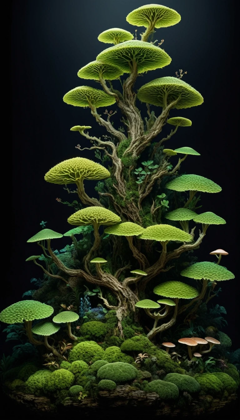 "Black background, dark background, luminescent, fungal symbiosis, moss!" in the context of a poster designed by Snakeskin Huang Guangjiang and Dan Witts for CGSociety. Resolution, pixel density and color gamut listed as 8K and HDR respectively"