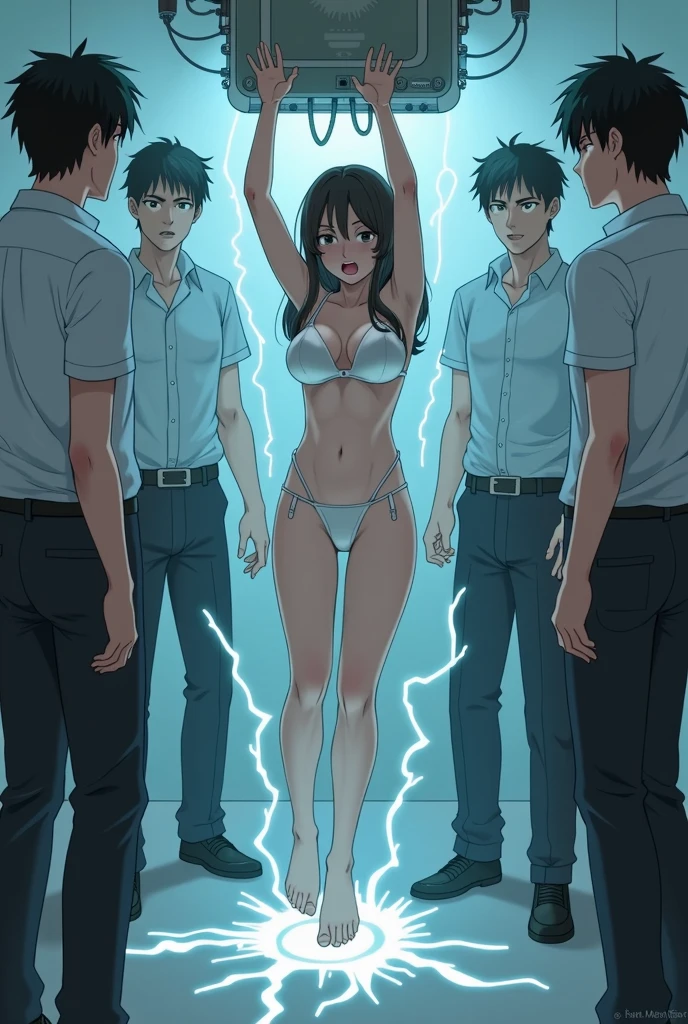  Surrounded by four guard men,Bright room,Apparently a device attached to the ceiling sends out electricity after a certain amount of time.、A completely naked Japanese girl with her legs spread wide ,,Climax,Scream,incontinence,Urinating,Urinatingが脚を伝う,Leaking to the floor,slave is subjected to electrical torture directly on her raised clitoris at regular intervals.。Japan young,Small Ass,Small breast swelling,Erect nipples,Lightning in the Head,Struck by lightning,Electric current runs through my body.,Agony,incontinence,Fearful expression,Hands restrained overhead,As a girl,Surrounded and watched by four male guards,幼い可愛いAs a girl,She is 120cm tall and has wide legs.