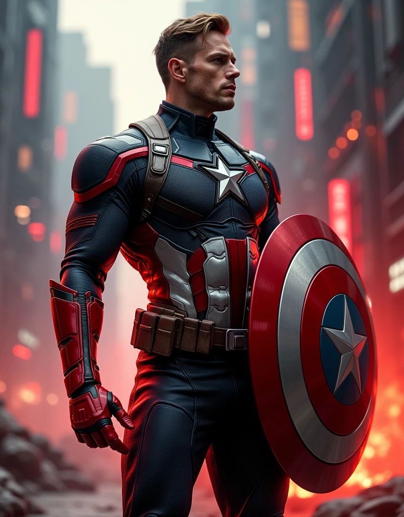 Captain America Steve Rogers Marvel's universe first Avenger superhero muscler body glossy black and orange suit in helmet with holding shield glowing red lighting cyberpunk futuristic costume background