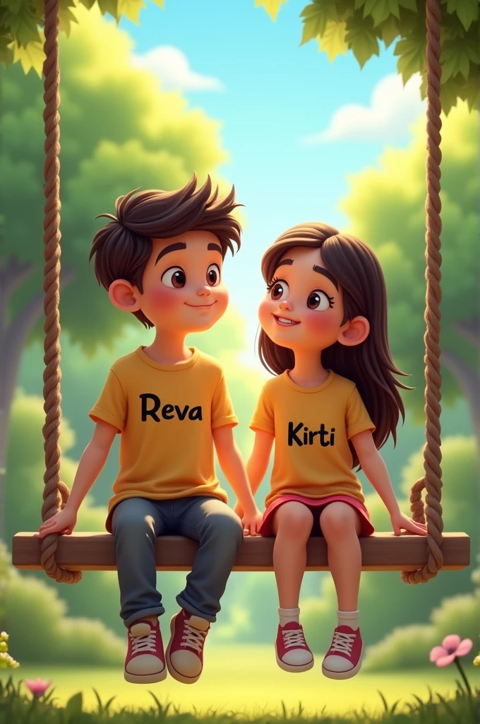 Make a boy and a girl sitting on a swing, both are wearing white t-shirts and REVA is written on the boy's t-shirt and KIRTI is written on the girl's t-shirt
