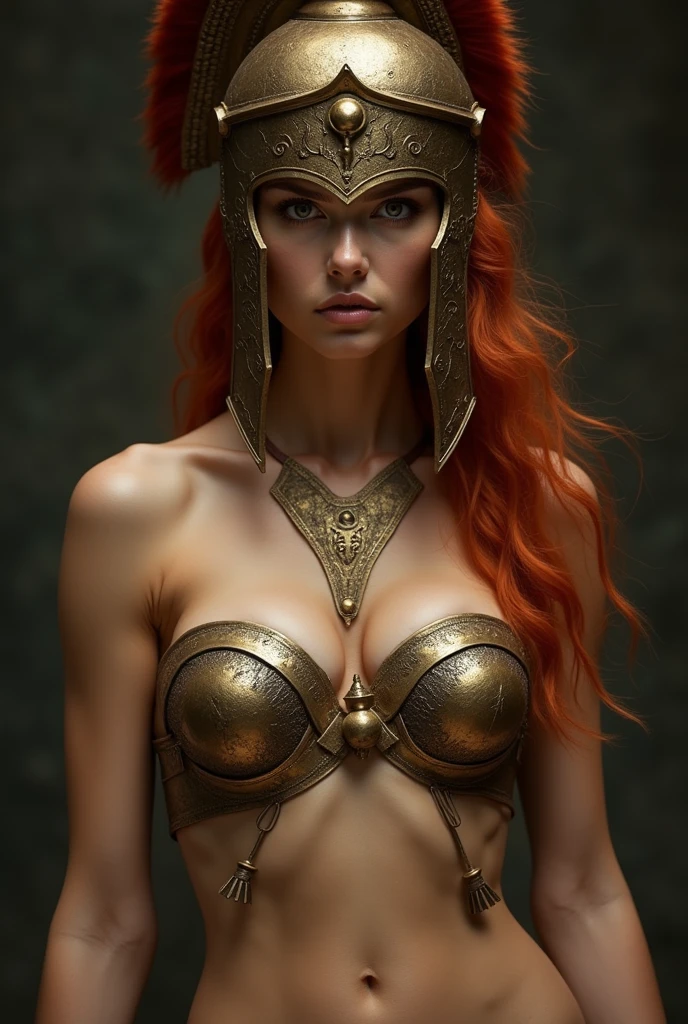 (ultra real), (figure), (High resolution), (8K), (very detailed), (Best figure), (detailed and beautiful eyes), (highest quality), (Super detailed), (masterpiece), (wallpaper), (detailed face), Generate a highly realistic image of a captivating red hair female goddess of war,very revealing skimpy armor,ancient greek hoplite helmet, NSFW, small breasts, prominent collarbones, skinny arms, flat stomach, visible hip bones, capturing every detail with stunning clarity,
