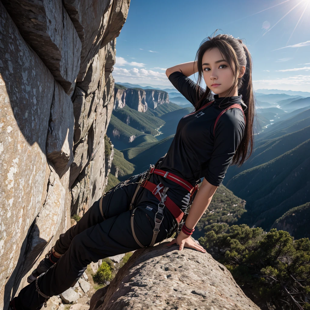 20 year old woman、best beautiful girl、masterpiece、real、live-action、accurate image、High definition、rock climbing、Free Climbing、sheer cliff、valley、1000Meter-tight rock face、Climbing pants、hanging、clamber、cling to、Equipped with detailed details、