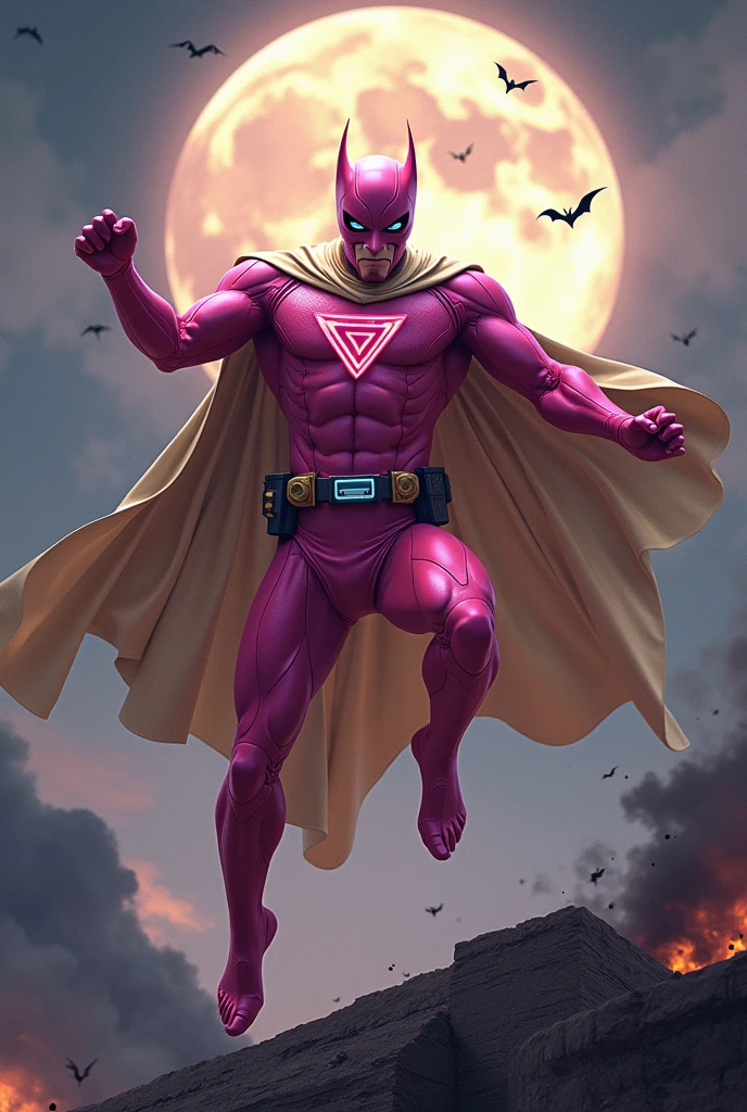 Malaysia man in high-tech suit, vivid effects, malaysian superhero (KELUANG MAN) in a striking pink and beige costume cyberpunk design, mask small mini bat ear beige, daredevil beige mask, jumpsuit dark pink stands confidently in a dramatic.jumping from high place.hero costume.one hand rise up. Big triangle logo on the chest.high detail Punisher logo on the chest. Fighting pose , stormy landscape. ((Head covered node guard like batman. Running pose , athletic body type, small mini ear bat mask))The character wears domino mask a helmet with pointed mini torn ears and a flowing cape biege, open nose and mouth. Equipped with visible futuristic weapons on a belt,bullet proof jacket pink dark day.show fingers pose, dark night, big supermoon effect . Small logo on chest triangle shape small punisher logo center(( skull triangle Casey Jones mask shape logo)) center on chest pink logo mini logo . rocky. Building top.smoke ground , hand fired with gun , bomb effect background, losse pants, losses costume.adding to --ar 3:4 --style raw --stylize 500 --v 6.1. chaos. Lot of small flying bat. One leg on the high stone. Man. Wear hologram watch.. Real man age 40 year old. One hand holding belt.one hand holding black rope hanging on building. Big pant pink. Beige cape joodie.(( Loose pant)) , jump on high building)marvel , X-Men((. Hand holding gun ))((wear big beige cape. Open wide cape))