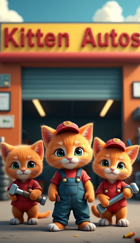 Three red kittens wearing car mechanic uniforms and holding tools in hands standing in front of a car workshop named “KITTEN AUTOS”.