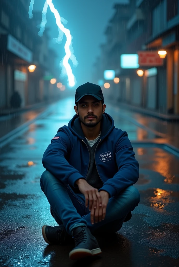 18 years younger man sitting on a deserted street during a storm: The street must be wet from the rain, with lightning in the background, and young must be dressed in casual clothes, looking thoughtful and intrigued.the young man wearing blue jaket, and jeans pent, YOGESH RATHOR name on the jaket, the boy wearing black cap, beautiful face, clear skin, looking face to face