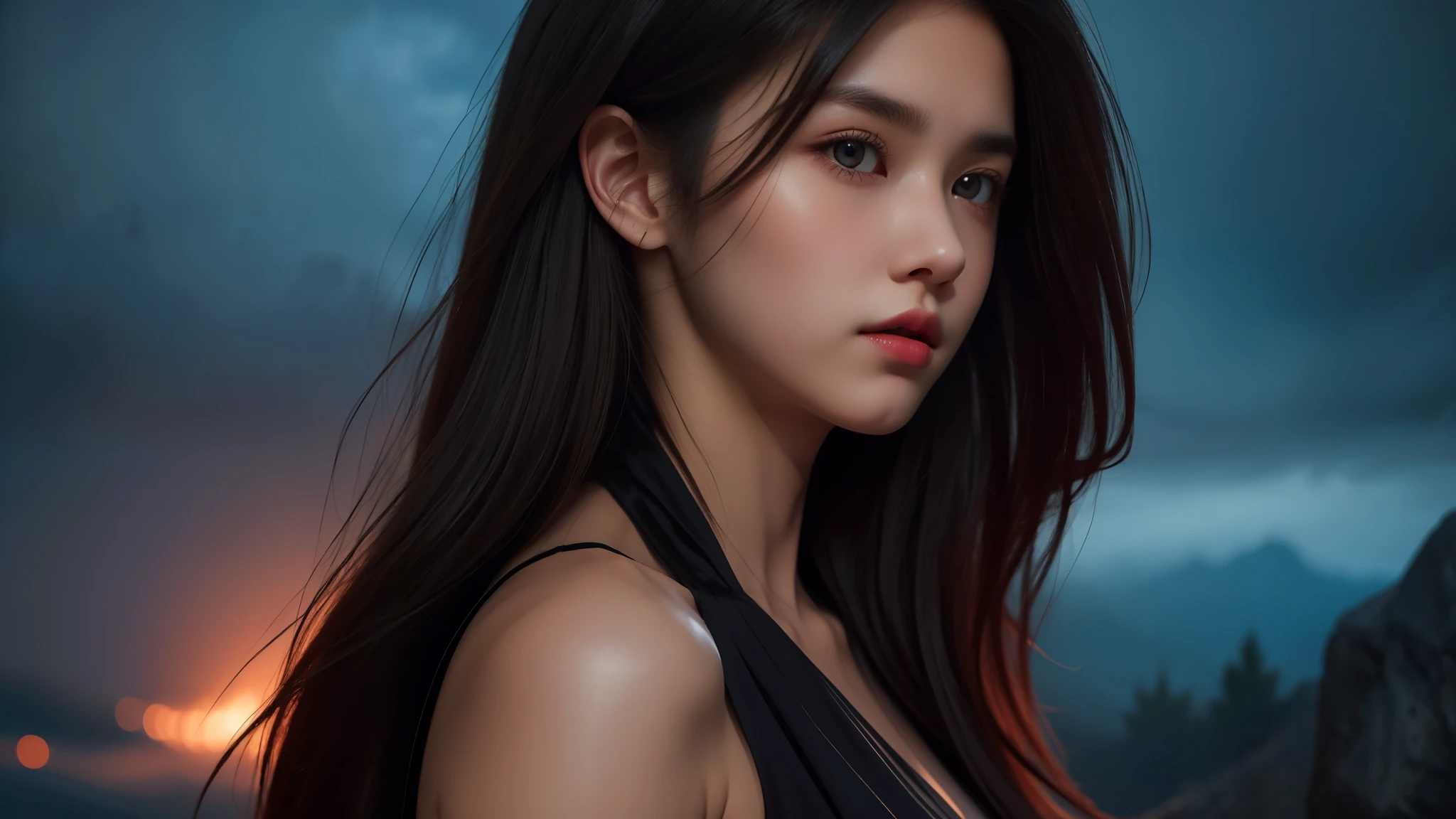 A 16k realistic portrait masterpiece, realistic soft detailed lines, highest resolution, every detail, meticulousness, depth of field, bright colors, beautiful composition: a girl Teenage girl with dark hair and highly detailed innocent eyes, standing against a dark and ominous landscape. sexy silk dress.