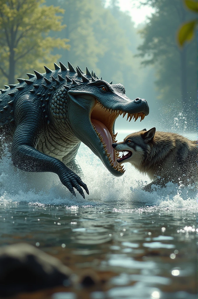 Deadly Fight: By the quiet river, giant crocodile and ferocious wolf face each other. Water splashed as they fought., but the wolf shows his strength and intelligence, avoiding the crocodile&#39;s deadly jaws and finally taking it down.