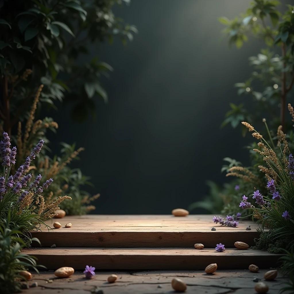 wooden stage on a dark elegant natural background and cardamom in the air scattered, lavender and iris