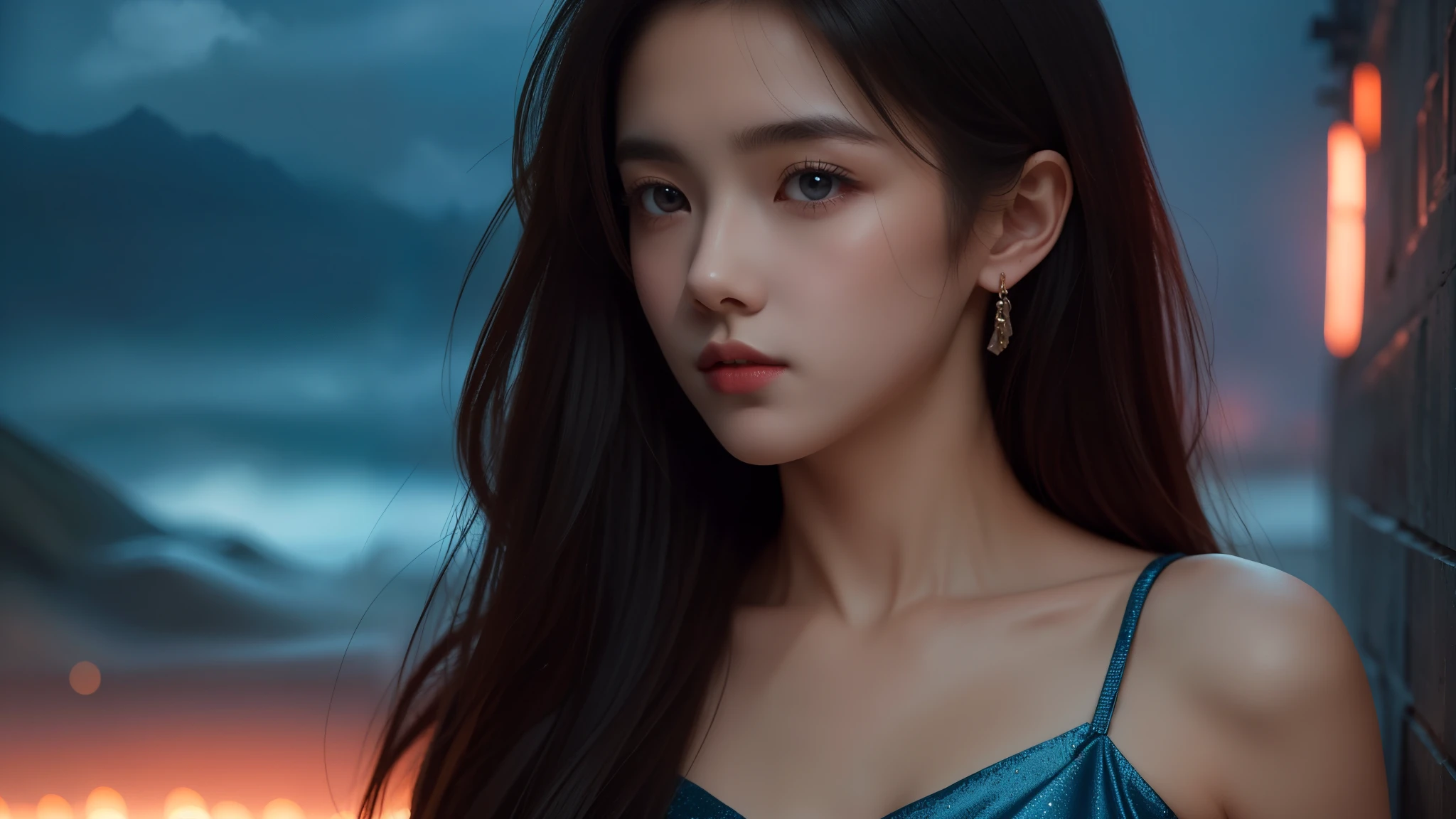 A 16k realistic portrait masterpiece, realistic soft detailed lines, highest resolution, every detail, meticulousness, depth of field, bright colors, beautiful composition: a girl Teenage girl with dark hair and highly detailed innocent eyes, standing against a dark and ominous landscape. sexy silk dress.