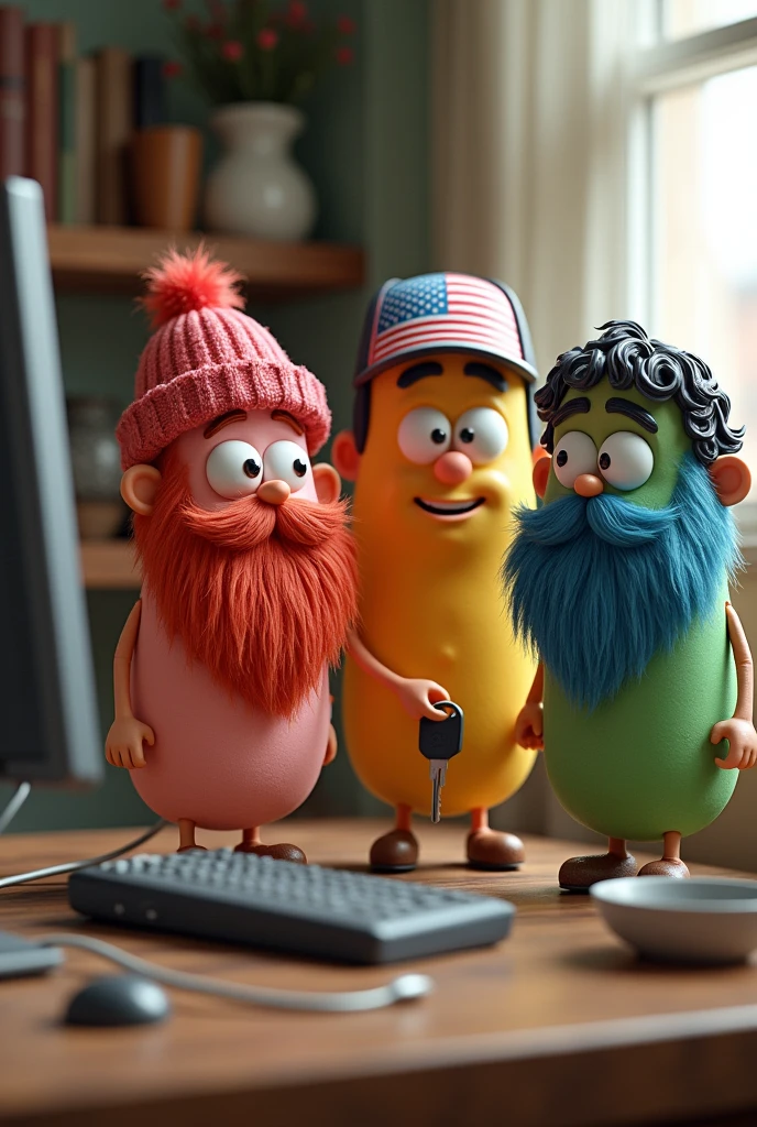 3 yogurt candies in the package playing on the computer One is red, tem scruffy beard e uma ushanka russa comunista
Um é azul e usa um boné com a bandeira dos EUA, has curly hair, scruffy beard. I have light brown hair and beard. One is green., full beard. flat hair. black beard and hair. He has a car key hanging around his neck