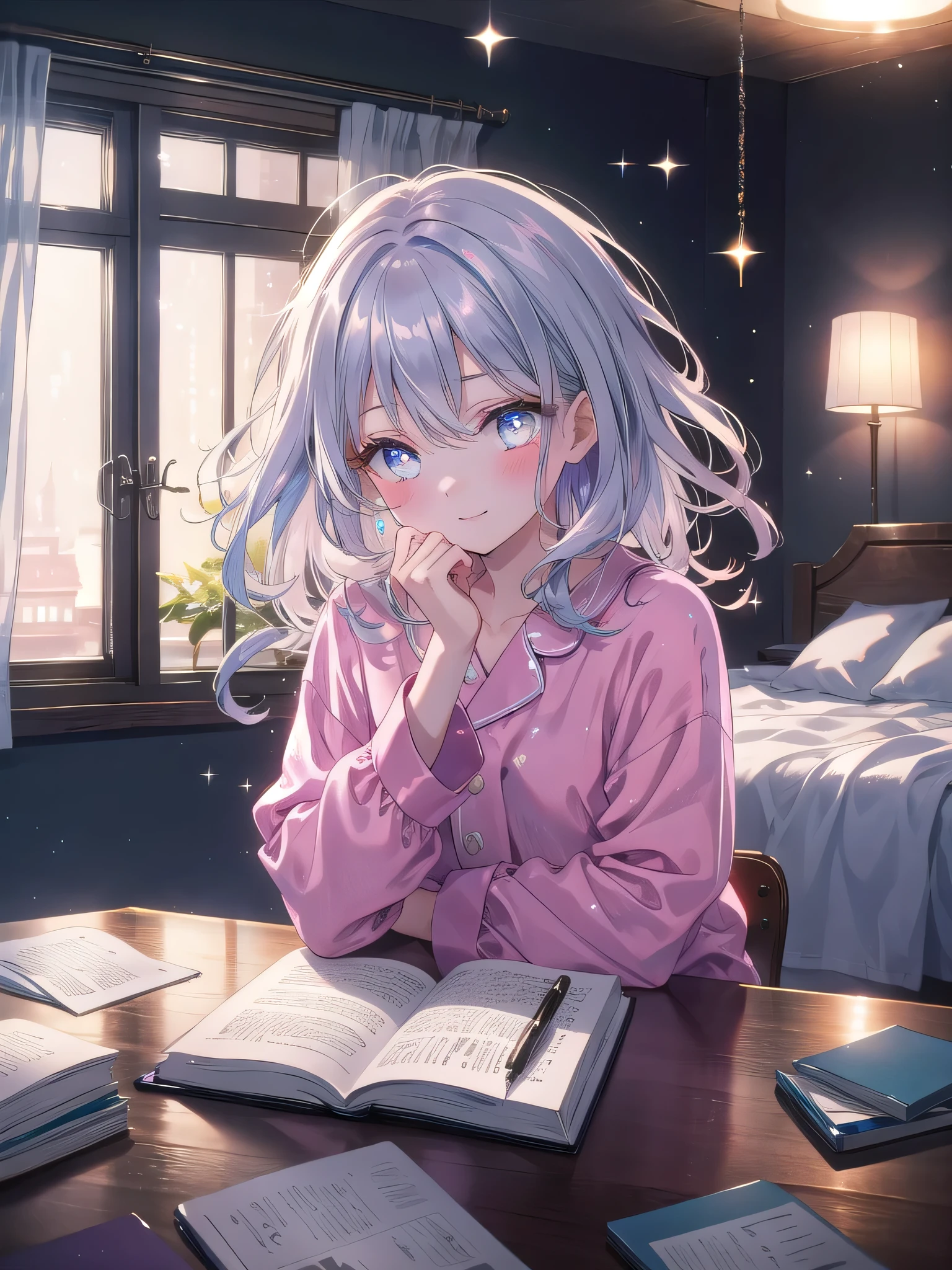 ((8k, Highest quality, masterpiece: 1.3)),Ultra-high resolution,(1 girl, alone), (Color changing eyes, Ultra-detailed, Expressive brilliance, Glitter, Glowing Eyes), Highly detailed eyes, Highly detailed face, Random Hair, ((pastel colour))Writing in a Journal
The woman is sitting at a small desk in her bedroom, writing in a journal. She’s dressed in a comfortable pajama set, her hair loose and slightly messy from the day. The desk lamp casts a soft light over her as she writes, her expression thoughtful and introspective. She pauses for a moment and looks at the camera with a gentle, peaceful smile, as if reflecting on the events of the day. The room is quiet and serene, with the bed neatly made in the background and a few personal items scattered on the desk, adding to the sense of calm and reflection.