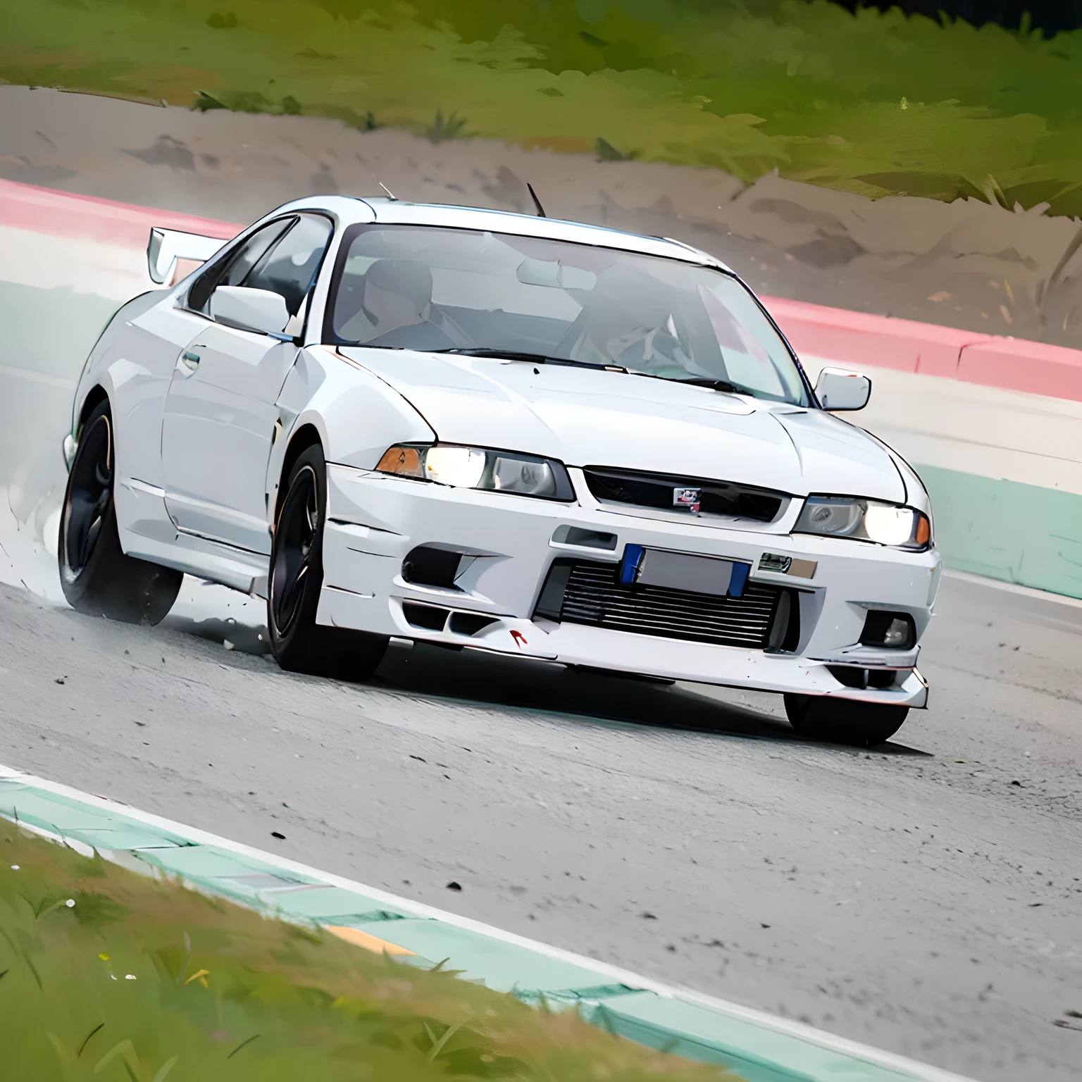 Skyline GT-R R33 racing in the race track, flat colors, vivid colors, black straight and very bold outline like manga, High Resolution, Pokemon design style, cartoon style, no reflections, 2D style