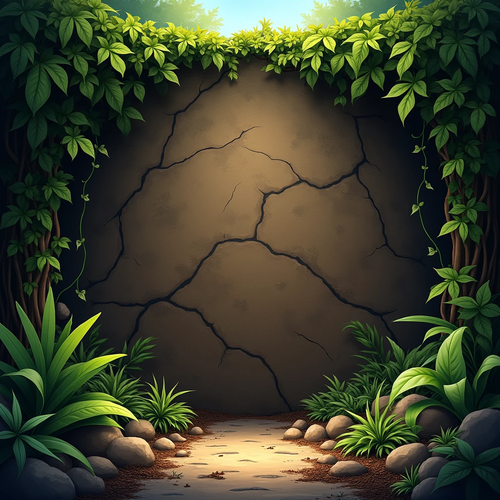 Here is the detailed description of the background, layout, and visual elements in English:
### **Detailed Background Description:**
1. **Main Background (Background Base):**
- **Dominant Color**:
- The primary color is dark brown, with a texture resembling rough stone or soil, giving an impression of a natural, somewhat eerie environment, similar to a cave or forest backdrop.
- **Texture**:
- There is a rough texture effect on the background, adding dimension and depth, making it look like the surface of the ground or the wall of a cave.
2. **Decorative Elements:**
- **Leaves and Plants**:
- Bright green leaves surround parts of the edges of the image, particularly in the bottom left and top right corners, giving the impression that the background is set in a natural or forest environment.
- These leaves have a light green color that contrasts with the brown background, creating a refreshing and eye-catching effect.
- **Vines**:
- There are also vines located on the right and left sides of the image, naturally flowing and giving the impression that this area is overgrown with vegetation.
- These vines are usually a darker green color, and they extend with gentle curves that create a sense of movement in the image.
- **Shadow and Light Effects**:
- Subtle shadowing is used in some parts of the image, especially around the main objects, to provide depth.
- In some areas, there are light blue accents that resemble light filtering through leaves, adding a dynamic and lively feel to the image.
3. **Objects in the Background:**
- **Rocks and Soil**:
- At the bottom of the image, there are elements of soil with a lighter and rougher brown color, almost like the ground surface depicted in the scene.
- Some rocks are also visible, blending with the soil texture, reinforcing the wild or forest theme.
- **Sky View**:
- At the top of the image, there is a slight gradient of light blue repr