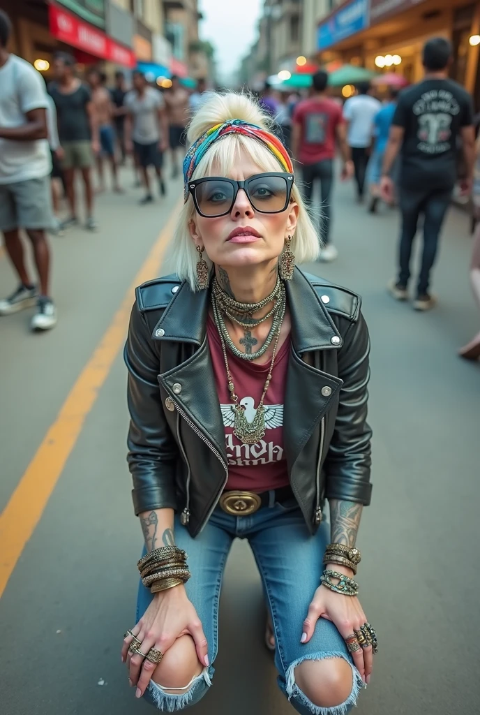 russian old milf woman, , blonde platinum hair (beehive bun) and wide colourful bandana as headband). Wearing oversized square maxi sunglasses. Square jaw, with very light green eyes, extremely pale. No tan. Wearing aged cropped black moto jacket (zippers on the side). Cropped short dark red push up t-shirt with winged shull logo and gothic lettering,, dark skinny low rise blue jeans with holes on knees (white cotton visible). White tennis sneakers and bead bracelets around ankles. Lots of thick wide studded bracelets, chain collars and big rings. Tacky wide studded leather belt with swastika oval buckle. Long earrings with chains and feathers. Kneeling, chin up looking at the sky, stretching her neck.. Hands on knees, spread legs, Toned abdominals, thin neck, slim legs and thin arms. Narrow hips. Heavily tattooed in colour on chest, hands, neck and arms. Crowded dirt street of Nairobi with shirtless men crowding behind her