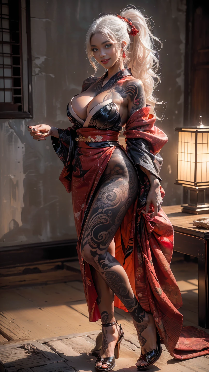 ((2))) black girl, (((very dark african skin))), (((close up pov full body portrait, sexy seductive slutty pose, ((accentuated super huge enormously gigantic nude , cleavage showing, wearing highly detailed and beautiful kimono))), (((very long wavy curly platinum white hair in a ponytail))), (((tattoo sleeves and piercings))), lots of african tribal tattoo sleeves, dark fantasy art, post apocalyptic art, Rich, Deep Colours, (intricate details:0.9), (HDR, hyper-detailing:1.2), (dark black skin, oily body, shiny skin, oily body, oily skin, natural dark african skin textures, hyper realisitc, anime realistic, light, Sharp), luxurious Japanese bedroom background ((red outfit, smiling, red kimono))