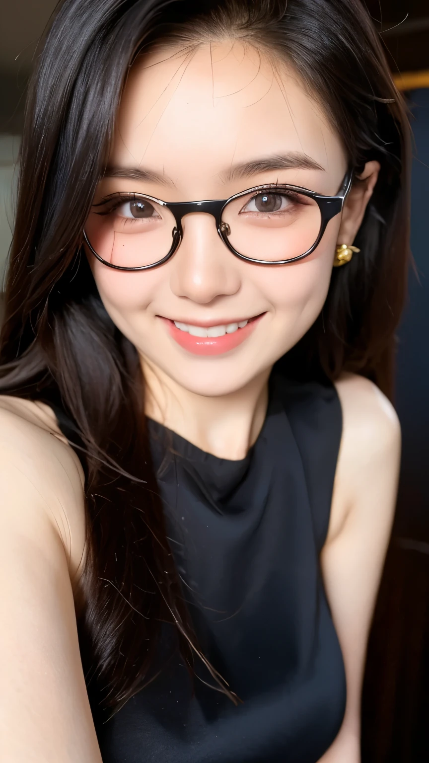 A 16k realistic portrait masterpiece, realistic soft detailed lines, highest resolution, every detail, meticulousness, depth of field, bright colors, beautiful composition: a girl Teenage girl wearing glasses smiling happily, light makeup with black hair and beautiful innocent detailed eyes, standing on a dark and ominous scene. sexy silk dress.