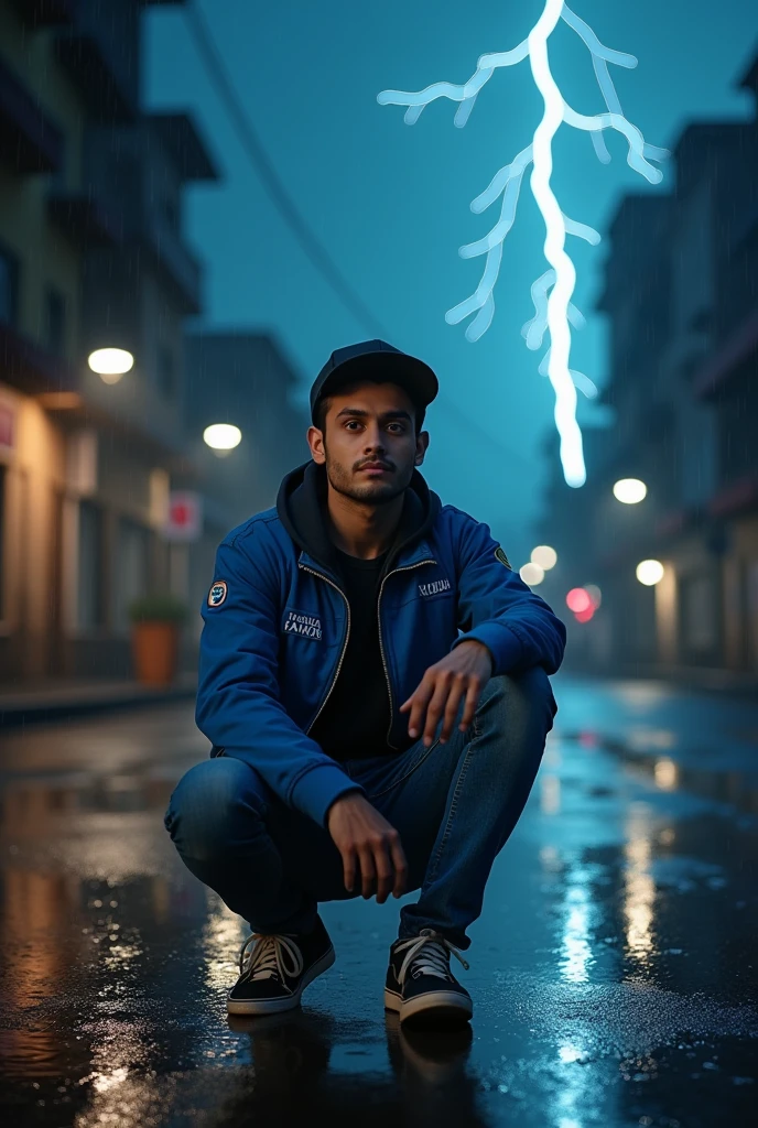 18 years younger man sitting on a deserted street during a storm: The street must be wet from the rain, with lightning in the background, and young must be dressed in casual clothes, looking thoughtful and intrigued.the young man wearing blue jaket, and jeans pent, YOGESH RATHOR name on the jaket, the boy wearing black cap, beautiful face, clear skin, looking face to face