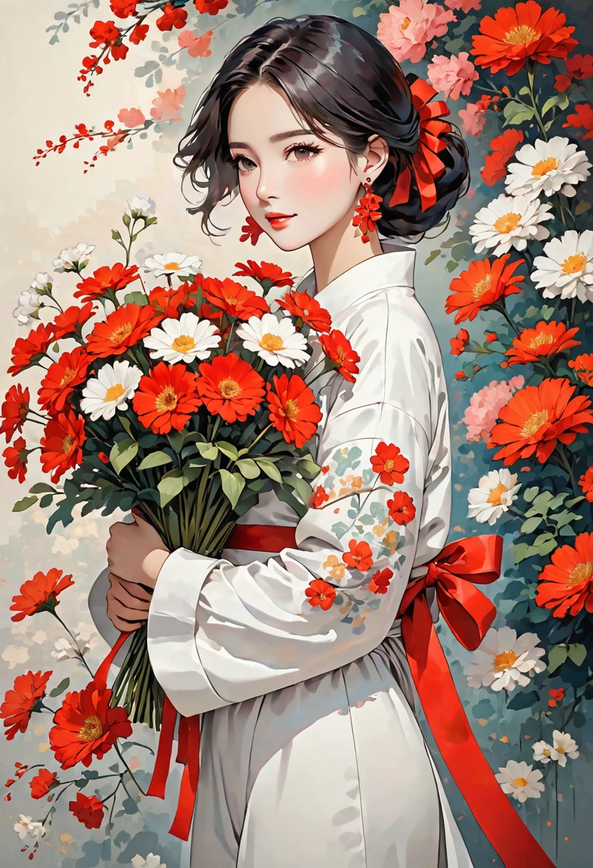 This image depicts a person with long, dark hair wearing a white outfit. They are holding a bouquet of vibrant red flowers, interspersed with a few small, white flowers. The bouquet is tied with a red ribbon, adding a touch of elegance to the overall presentation. The image has a soft, art-like quality, with smooth lines and a gentle color palette. Additionally, a flower-shaped earring is visible on the person, which complements the floral theme.