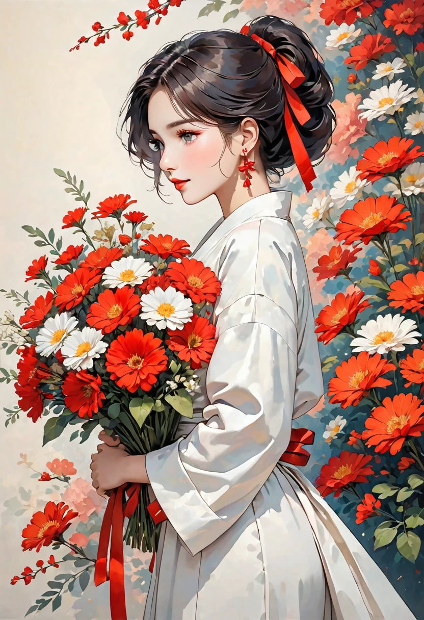 This image depicts a person with long, dark hair wearing a white outfit. They are holding a bouquet of vibrant red flowers, interspersed with a few small, white flowers. The bouquet is tied with a red ribbon, adding a touch of elegance to the overall presentation. The image has a soft, art-like quality, with smooth lines and a gentle color palette. Additionally, a flower-shaped earring is visible on the person, which complements the floral theme.
