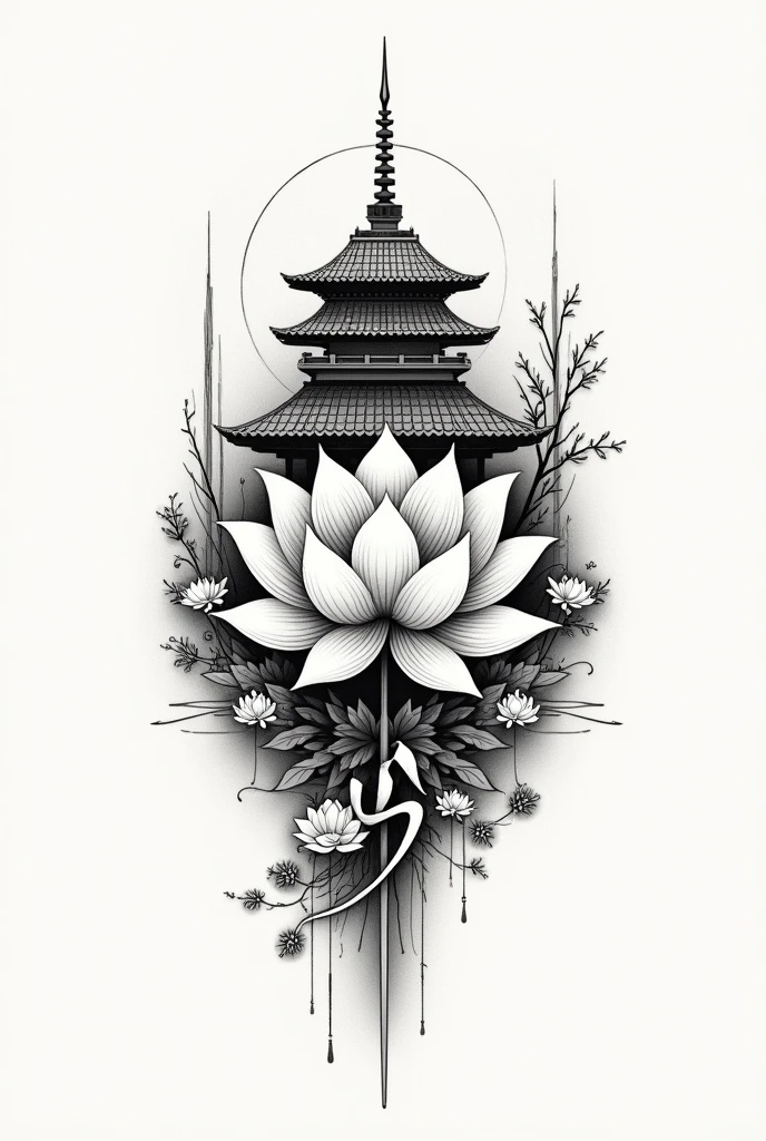 Tatouage fleur de lotus inspireration temple Japonais boudiste et samouraï sans couleur