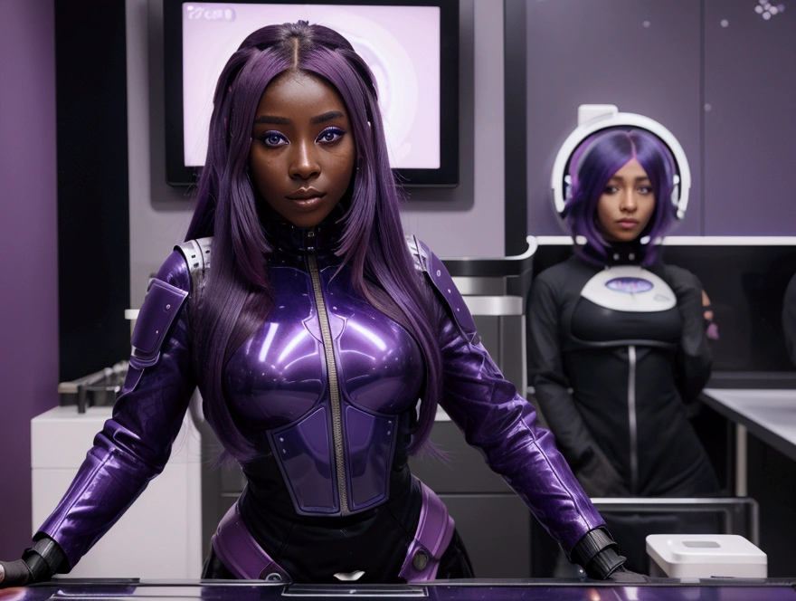 futuristic girl, dark skin, purple colored eyes, space, purple hair, Blue hair, pinkies Hair, Long hair, dark skin, futuristic cafe