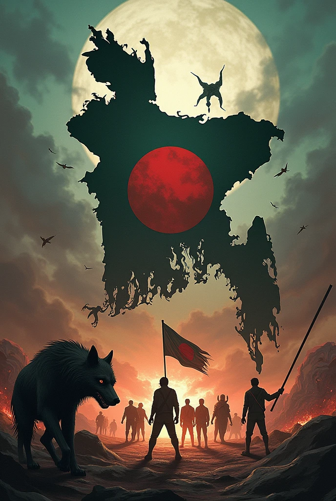 "Depict a vivid battle scene with the map of Bangladesh as the background. On one side, a group of creatures including a wolf, a hyena, a vampire, and other monsters are advancing to destroy a specific target. On the other side, brave students are standing in defense, holding the Bangladesh flag. The scene should convey an atmosphere of full-scale war, showing the intense clash between dark forces and the young defenders, with the map of Bangladesh symbolizing the entire battleground."