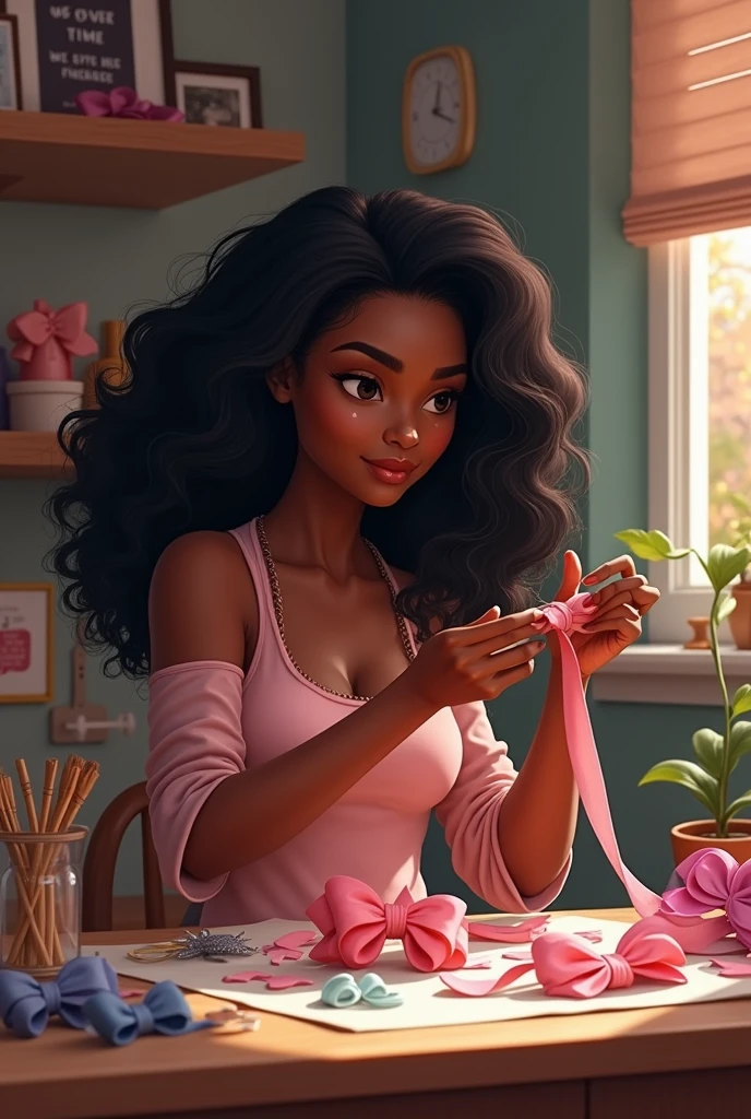 dark skinned with wavy black hair she is in her bow studio making a hair bow