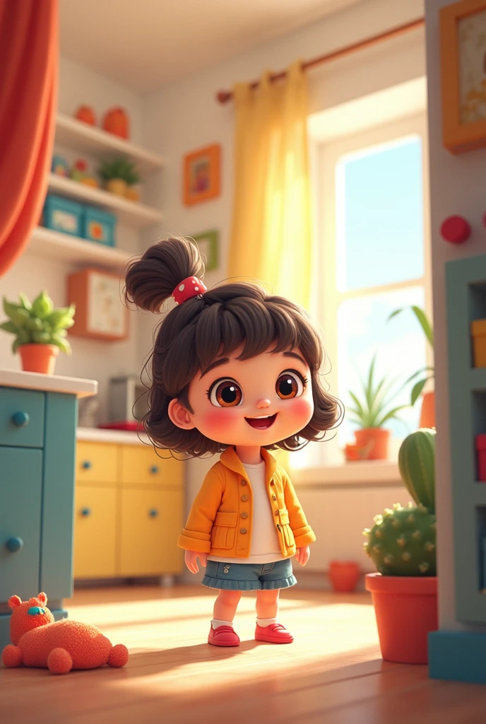 A cartoonist AI image of a child girl  with a background of she is inside in her house 