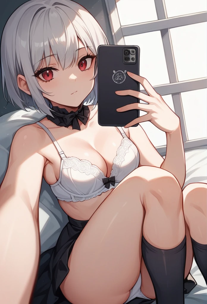 Selfie,Close-up of a woman in a dress photographing herself with a mobile phone,NSFW, White panties,White bra
, cute girl, short silver hair, , black knee-high socks, ,High heel pumps,Gothic ta(:1.3),>:),upper body,Selfie,Girl sitting on the floor photographing herself with a mobile phone,half undress,