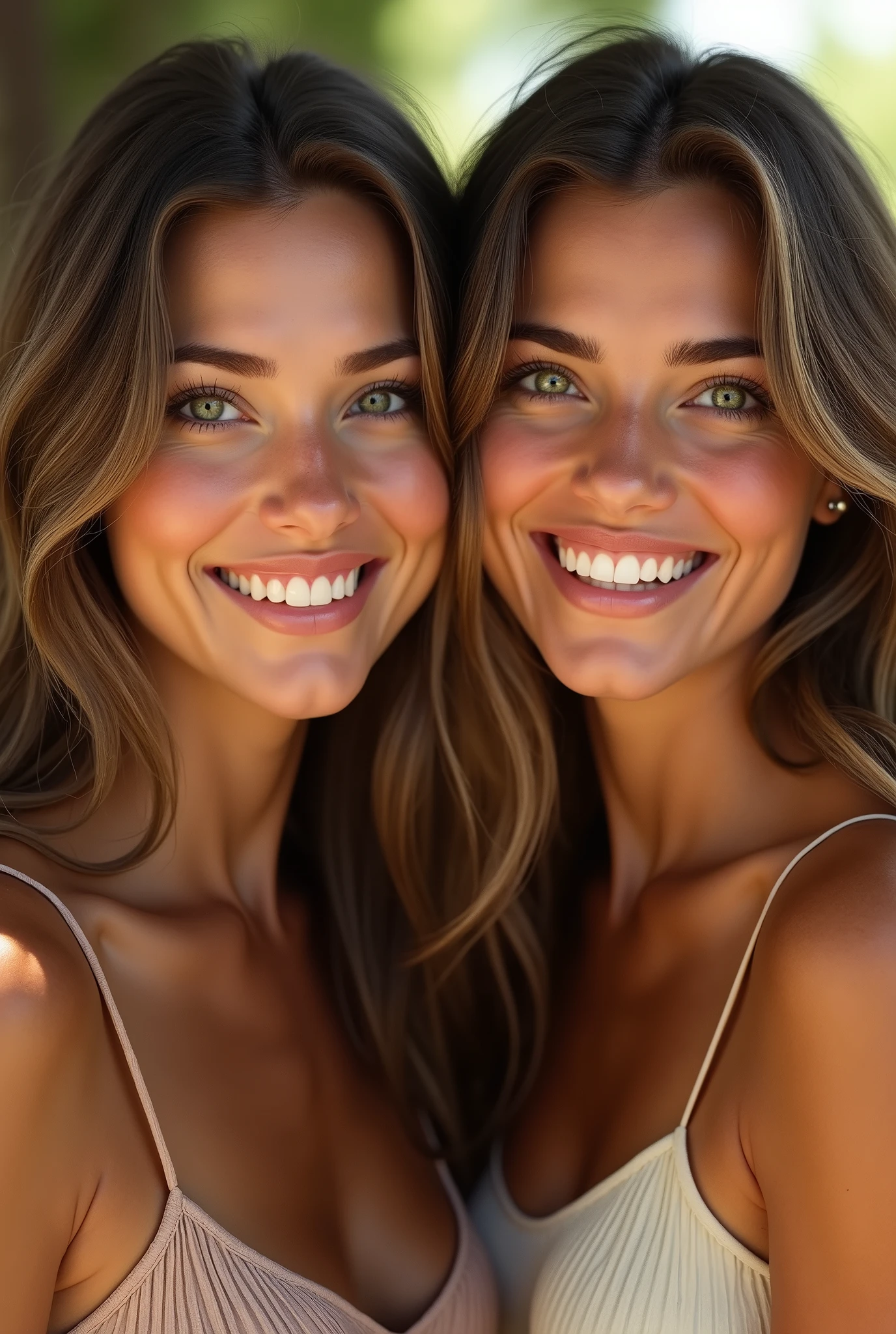 Here’s a prompt you can use:
“A beautiful 2 woman with long, wavy brown hair and striking green eyes. She has a warm, realistic smile that radiates friendliness and confidence. Her skin is smooth and slightly tanned, and she is depicted in a natural, well-lit setting, with soft light highlighting her facial features. She is wearing a simple, elegant outfit that complements her look. The background is blurred to keep the focus on her expressive face and bright smile.”