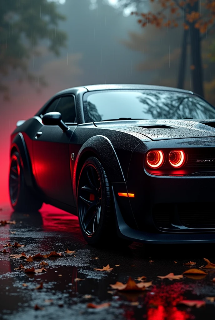 Dodge Challenger SRT hellcat red eye black colour with dark background red light with fume with photo ratio 9:16 and some rain drops with dead leaves on ground from some right side view  from front 