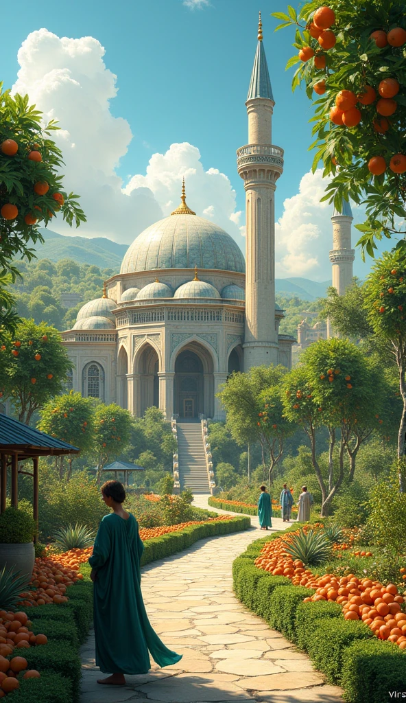 A paradise garden with buildings that resemble mosques and many fruits.