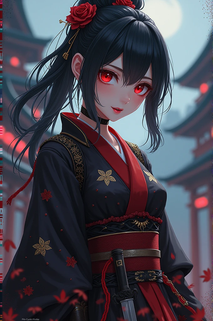 Samurai anime girl with vampire fang