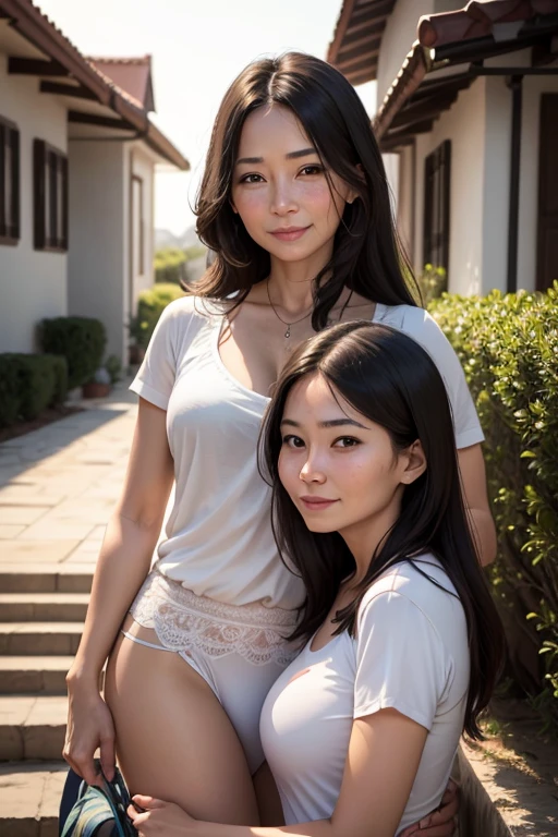 30-year-old black skinned Japanese woman named Biena and, her pale white Nordic lover with straight blonde hair named Estella, traditional wives, (squishing their bodies together, flowing together), lusting after each other, they had sex together, (detailed traditional Japanese house background, laying on the grass together, laying on top of each other) (( Estella is a pale Japanese woman, straight blonde hair, messy bun, long bangs over forehead, slim body, fit body)), ((Biena is 30-year-old, sexy, black haired, straight hair, bangs, Japanese woman, high cheekbones, suntanned skin, tan skin, bronze skin, brown skin, fit sexy body)), ultra-realistic photo, feminine features, ((both have very different facial features, ethnicities, and skin colors)), ((wearing crop top, open kimono, silk robe, eye shadow, lip stick)), conjoined, 2 heads, different heads, different skin colors, vitiligo, harsh mixing, clear boundary where skin color changes, smooth transition, contrasting skin colors