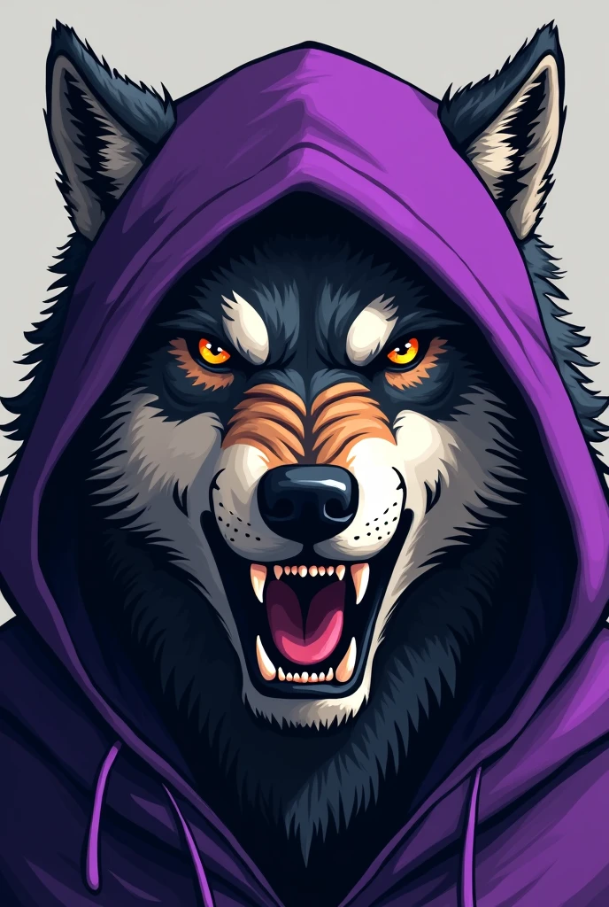 A basic illustration of an angry wolf&#39;s face with the front half of its face covered by a purple hood 