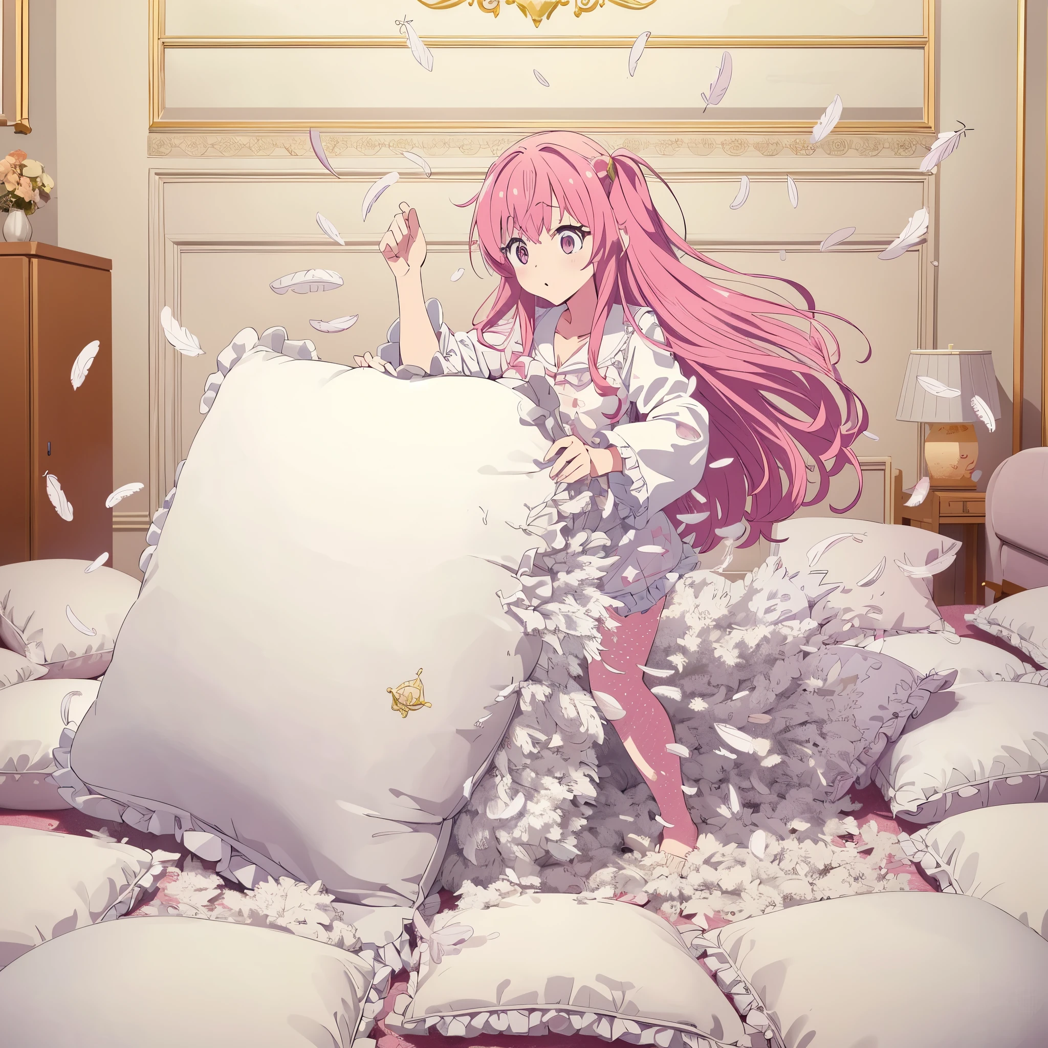 NSFW. a full-body with up perspective of an anime-style pink long hair female kids wearing a white pajama, standing and placing a giant, luxury pattern, frilled white pink polkadot cushion on the floor, tearing and ripping it with both hands until it's completely destroyed and then the stuffing of the cushion is taken and spread out using her hands too. After ruining it, the cushion should be ripping open with feathers and stuffing flying everywhere.The girl should have a ahegao and horny expression, focused on her task. The scene should show her in a luxury and cozy room with many giant, luxury pattern, frilled white pink polkadot square cushion around the floor, with the chaotic explosion of feathes around her, emphasizing the intense action.