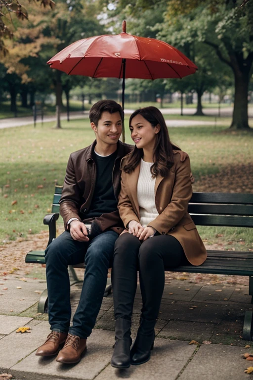 Autumn Park, a European-looking couple sits on a bench under an umbrella