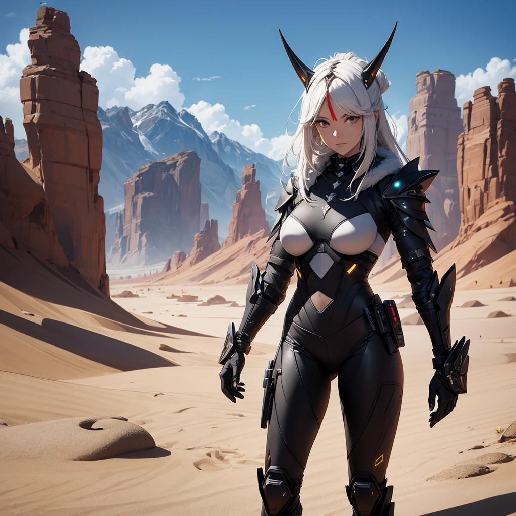 Make a character. alone. futurist. black futuristic armor. besides having futuristic horns. It should be in a desert setting.