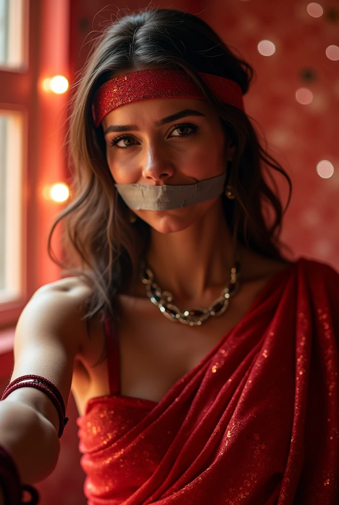 Aesthetic girl blindfolded duct tape gagged in red sparkling shimmering saree taking selfie tape gagged