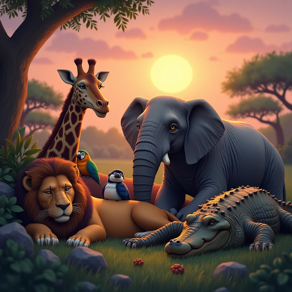 sun set low and sky turned pink, lion, elephant, crocodile, ziraffe, parrot and monkey snoring